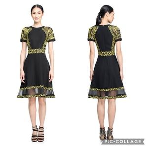 Tadashi Shoji Georgia Dress Black Yellow Lace Short Sleeve Twirly 16